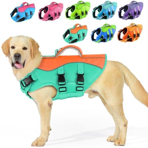 PETDSH Dog Life Jacket for Swimming Boating, High Flotation Dog Life Vest with Rescue Handle, Dogs Lifejacket with Reflective Strips, Adjustable Pet Swim Jackets for Large Dogs (Large)