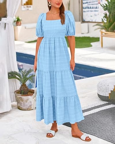 PRETTYGARDEN Women Trendy Dresses Sexy Square Neck Puff Sleeve Smocked Back Ruffle Birthday Party Club Vacation Dress(Light Blue,XX-Large) - Thumbnail 4