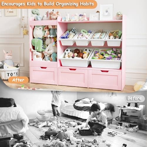 VortinT 50.6" W Large Toy Organizer, Kids Toy Storage with Stuffed Animal Holder, 6 Removable Plastic Bins, 3 Rolling Boxes, Wooden Toddler Bookshelf Organization for Kids Room, Living Room(Pink) - Thumbnail 6