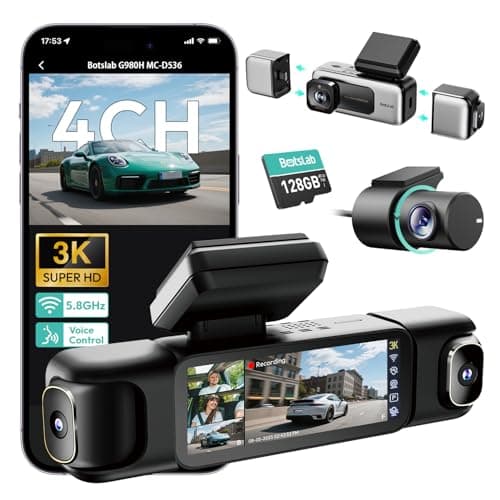 BOTSLAB 3K 4 Channel Dash Cam, 360° All-Sides View, Front and Rear Inside Car Camera with 3.18”Touch Screen, Dash Camera 24/7 Parking Mode, Built-in GPS 5.8GHz WiFi Voice Control, Free 128GB Card - Image 1