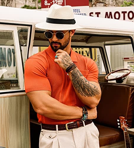 GRACE KARIN Men's Short Sleeve Lapel Collar Knitted Polo Shirts Knitting Lightweight Golf Tee Shirt for Office Orange S - Thumbnail 2