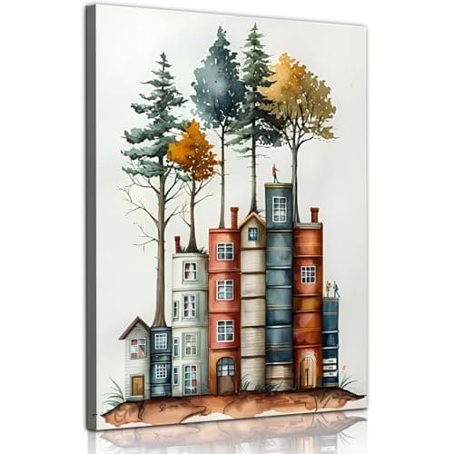 PUUZDGDZ Reading Book Lover's Canvas Wall Art Whimsical Tree House Wall decor pictures Book-shaped house Poster Painting Prints for Gallery Living Room Home Decoration (12inx16in canvas) - Image 1