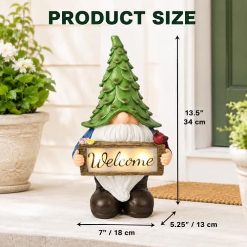 hvfun Solar Garden Gnome Statue with Welcome Sign, 13.5" Resin Outdoor Gnome Decor with LED Light, Cute Garden Statue for Yard, Porch, Patio, Lawn, Housewarming Gifts for Women Mom Grandma - Thumbnail 2
