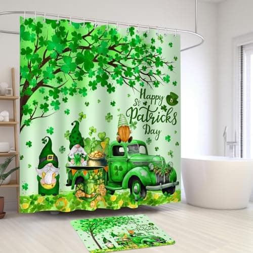 Lutto St Patricks Day Shower Curtain for Bathroom, St Patricks Day Shower Curtain Set with Rugs, Bathroom Set for St Patrick's Day Decorations, Gnomes Shower Curtain with Hooks for Bathroom Decor - Thumbnail 3