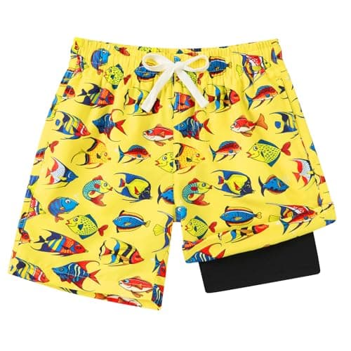 Boys Swim Trunks Size 10-12 Yellow Fish Sports Boy Swim Shorts with Compression Liner Beach Shorts Yellow Fish Quick Dry Bathing Suit 10-12 Novelty Beach Boys Board Shorts 10T 11T 12T - Image 1