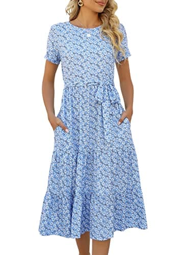 Lyrur Short Sleeve Dress with Pockets Womens O Neck Belted Tiered Midi Babydoll Floral Casual Summer Sundress(S,9191-Blu Daisy) - Image 1