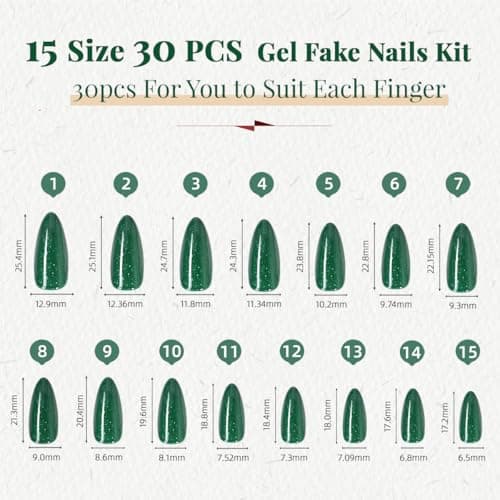 Green Cat Eye Press on Nails Almond Medium Fake Nails Sparkly Glitter Black False Nails Press ons Designs Gradient Gel Glue on Artificial Nails for Women Manicure 30Pcs - Thumbnail 5