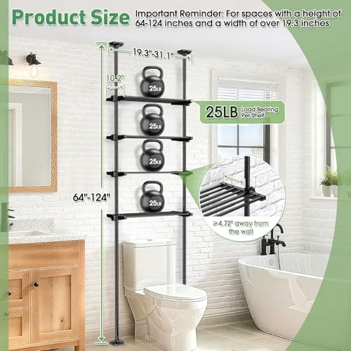 SUNALLY Over The Toilet Storage Shelf, 4-Tier Adjustable Over Toilet Bathroom Organizer,Tension-Mounted Bathroom Storage Rack for Ceilings, No Drill Space-Saving Shelving for Small Rooms,Black - Thumbnail 3