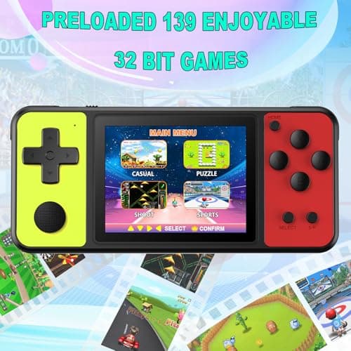KAVOYI 32 Bit Handheld Games for Kids Built-in 139 Retro Video Games,3.0" IPS Screen Rechargeable Portable Arcade Gaming Player,Electronic Travel Toys for Boys Girls Birthday Yellow-Red - Thumbnail 2