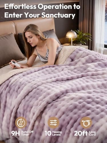 WOOMER Full Size Heated Blanket with 10 Heating Levels & 10H Auto Off, Machine Washable Double-Sided Rabbit Faux Fur Electric Blanket for Couch, Bed and Living Room, ETL/CPF Certified - Thumbnail 5