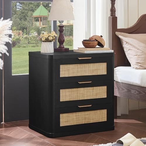 LEYAOYAO Rattan Night Stand with Drawers, 23" Large 3 Drawer Boho Nightstand, Black Bedside Table Storage Cabinet, Bed Side End Tables Dresser for Bedroom, Living Room, Hallway, Closet - Thumbnail 2