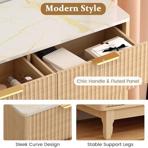 GlouMod Wood Dresser for Bedroom, 57" Long 9 Drawers Dresser with Marble White Top, Fluted Panel, Smooth Curve for Hallway, Natural Oak - Thumbnail 6