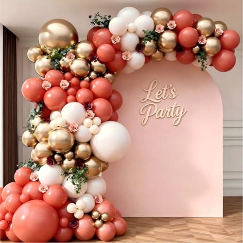 Coral Red Gold Balloon Garland Arch Kit, Coral Red Metallic Gold Latex Balloons for Wedding Anniversary Birthday Baby Shower Bridal Shower Party Decorations