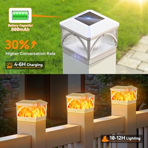 LETMY 8 Pack Solar Flame Post Cap Lights Outdoor- Flickering Flame & Warm Light 4x4 Fence Post Solar Lights Outdoor Waterproof for Fence, Garden, Yard, Deck, Patio Decor, 4X4 Vinyl Wooden Posts(White) - Thumbnail 4