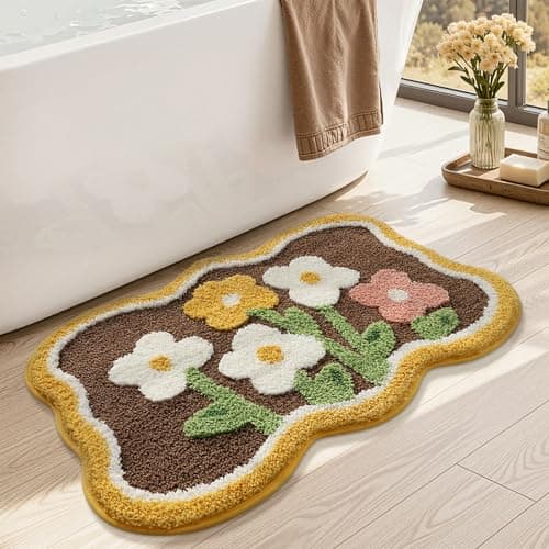 TIQOGRZP Flower Bath Mat, Cute Bath Mats,Soft Retro Floral Bathroom Rug,Non Slip TPR, 32" x 20" Machine Washable Bathroom Mat,for Bathroom Door, Bedroom(Antique Flowers, 32" x 20") - Image 1