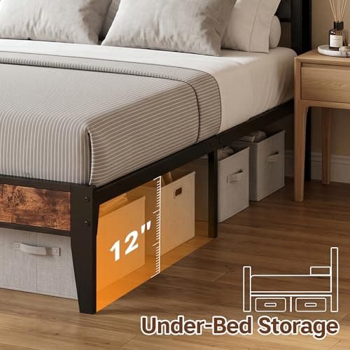 BOVONO Queen Bed Frame with Charging Station, Upholstered Headboard, Metal Platform Bed Frames with 2-Tier Open Shelves, No Box Spring Needed, No-Noise, Grey, Bedroom Furniture Gift - Thumbnail 5