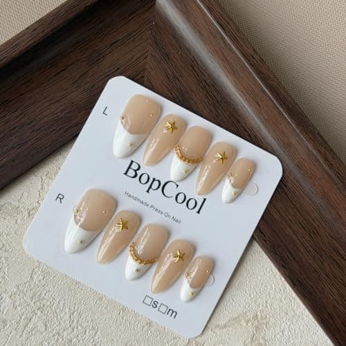 Handmade Press On Nails Medium Almond Shape - 3D Gold Metallic Embellished White French Manicure False Nails ， Minimalist Design | Salon Quality Reusable Fake Nails(10PCS-M) - Thumbnail 5