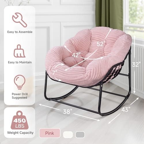 Halituny Indoor Rocking Chair, Oversized Outdoor Lounge Chair with Thick Corduroy Cushion & Straps, Wicker Modern Comfy Rocker Egg Chair for Living Room, Bedroom, Porch and Courtyard, Pink - Thumbnail 2