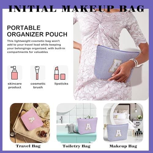Fohufo Initial Cosmetic Bag Set - Travel Bag Makeup Pouch, Makeup Bag with Zipper Make up Kit Preppy Stuff Birthday Gifts for Women Travel Essentials Travel Bag, Blue Letter M - Thumbnail 3