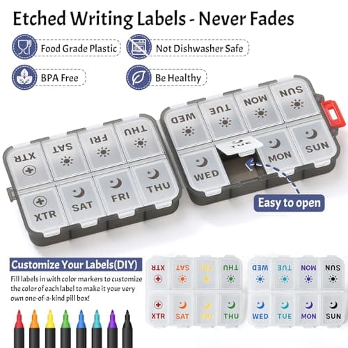Foldable Weekly Pill Organizer 2 Times a Day with 2 Extra Compartments - Etched Label - Portable 7 Day AM PM Medicine Box, Week Daily Travel Pill Case Holder for Meds, Vitamin, Supplement, Clear Black - Thumbnail 2