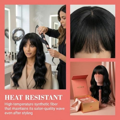 QITAQOTA 26 Inch Natural Black Body Wave Wig for Women with Air Bangs - Heat Resistant Synthetic Wig, Breathable Cap & Free Wig Cap, for Daily Wear, Cosplay, Date & Party - Thumbnail 6