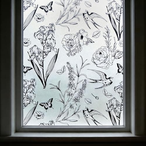 TAVIACHY Black White Floral Bird Static Cling Privacy Window Film, Frosted Decorative Glass Sticker, No Glue Removable UV Protection with Tool Kit for Bathroom Bedroom Door Glass 23.6" x 78.7" - Image 1