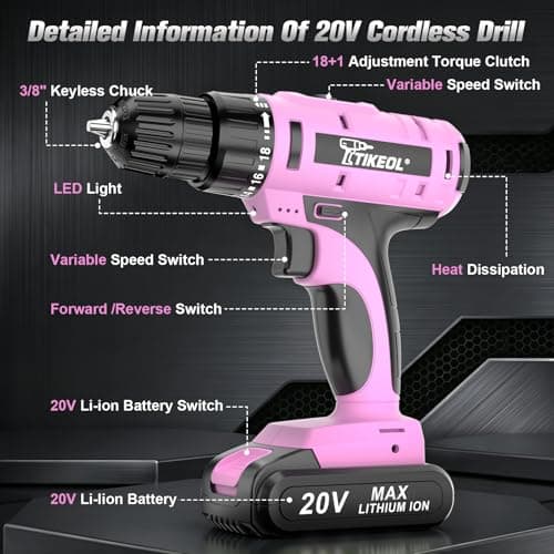 TIKEOL 20V Cordless Pink Drill Set with Battery & Charger, 2-Speed Power Drill for Women, Pure Copper Motor, 250 In-lbs, 3/8" Keyless Chuck, Tool Kit for Home DIY（Pink） - Thumbnail 2