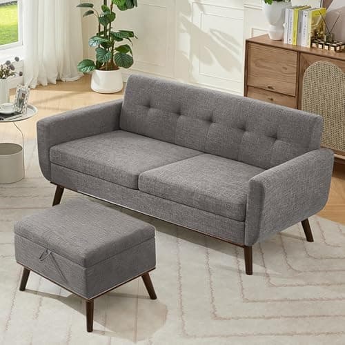 Kingfun Living Room Furniture Sets, Standard & Ottoman, Mid Century Modern Decor Sofa Couches, Button Tufted Upholstered Furniture, Gray