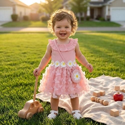 Infant Toddler Girl Summer Dress Boho Butterfly Floral Tulle Tutu Dress Set with Matching Bag & Bow, Sleeveless Ruffle Sun Dress for Beach & Photos Pink 9-12Months - Thumbnail 2