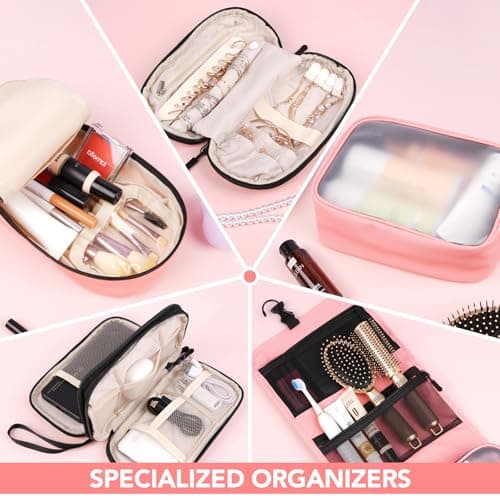 Idcymoul Travel Toiletry Bag 5-Piece Kit, Hanging Toiletries Bag+TSA Approved Cosmetic Bag+Jewelry Bag+ Brush Bag+Cable Bag, Professional Travel Essentials Accessories Organizer for Women- Pink - Thumbnail 2