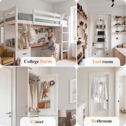 FYY Over the Door Hooks, No Assembly Required 2 PCS Double Hanger Heavy Duty Metal Towel Rack with Soft Pads, Organizer for Coat, Bag, Robe-Fits Bathroom, Closet Dorm Up to 1 1/2", 5.11" Long, White - Thumbnail 6