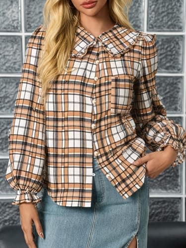 Tankaneo Womens Peter Pan Collar Button Down Shirts Long Sleeve Plaid Blouse Dressy Casual Fall Tops Brown - Thumbnail 3
