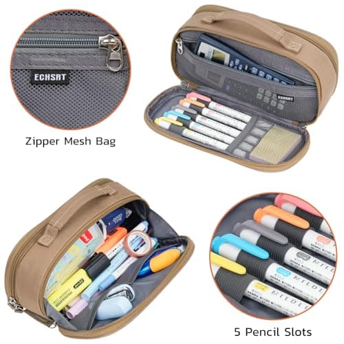 ECHSRT Tactical Pencil Case for Boy, Extra Large Capacity Camo Pencil Pouch for Men Adults, 3 Compartment Zipper Pen Case, Small Tool Bag Organizer for School Office Travel - Brown - Thumbnail 6
