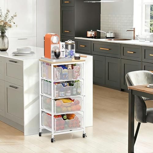 SUNALLY Rolling Kitchen Cart with Drawers, 4-Tier Utility Cart Fruit Vegetable Storage Cart with Lockable Wheels, Wooden Top Metal Kitchen Storage Organizer for Cans, Snacks, Beauty, Craft, Art, White - Thumbnail 4