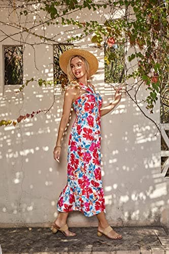 2024 Summer Women's Criss Cross Halterneck Flowy Boho Maxi Beach Dress Multicolor XL - Thumbnail 4