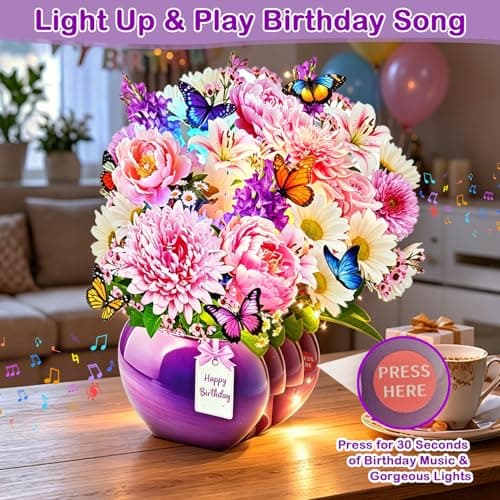 Rayilyn Happy Birthday Musical Cards for Women Mom, 3D Pop-Up Greeting Card with Light & Music, 10 Inch Peony & Gerbera Flower Bouquet & Butterflies Design Gift Card for Woman, Lady, Sister - Thumbnail 4