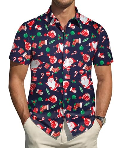 Rioofinx Hawaiian Shirt for Men Santa Claus Printed Casual Shirt Christmas Party Holiday(HSSDLR-L) - Image 1