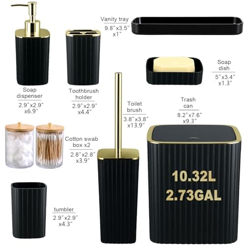 Bathroom Accessories Set-9PC Set with Toilet Brush, Trash Can, Soap Dispenser, Q-Tip Holder | Modern Home Bath Essentials (Black, Bath Set) - Thumbnail 3