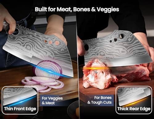 SYOKAMI Meat Cleaver Chef Knife with Sheath, 7.7 Inch Butcher Knife with Herb Stripper, Chopping Knife Heavy Duty Bone Cutting, Damascus Pattern Full Tang Wood Handle, Birthday Gift for Men - Thumbnail 3