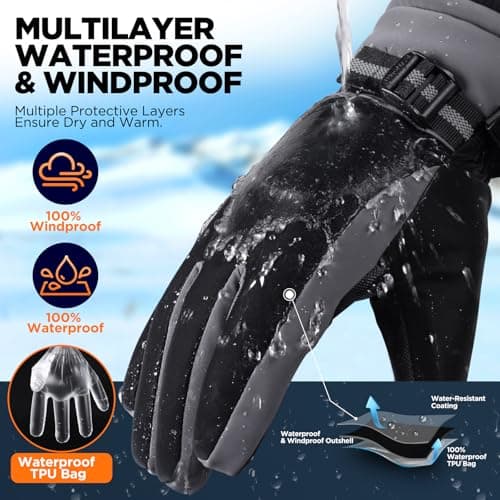 rivmount 3M Thinsulate Winter Gloves Men Women, Thermal Ski Gloves for Cold Weather with Warm, Touchscreen, Waterproof, Windproof for Outdoor, Running, Skiing, Cycling, Working, Snow Black-Gray Size M - Thumbnail 3