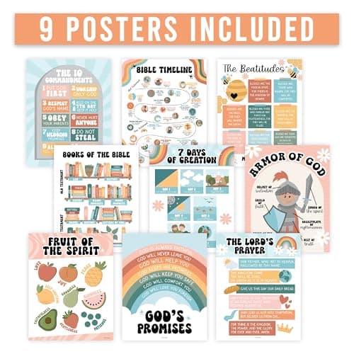 Hadley Designs Sunday School Decorations for Classroom – 9 Bible Posters for Kids, 11x14in Books of the Bible Poster, 10 Commandments, Fruits of the Spirit & More – Retro Christian Classroom Decor - Thumbnail 4
