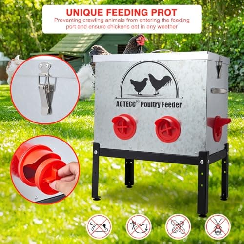 AOTECC Metal Chicken Feeder, 40lb Automatic Chicken Feeder - 6 Feeding Ports, No Waste Poultry Feeder with Locking Lid & Legs for Outdoor Inside Chicken Coops Geese Ducks, Weatherproof, Rodent Proof - Thumbnail 2