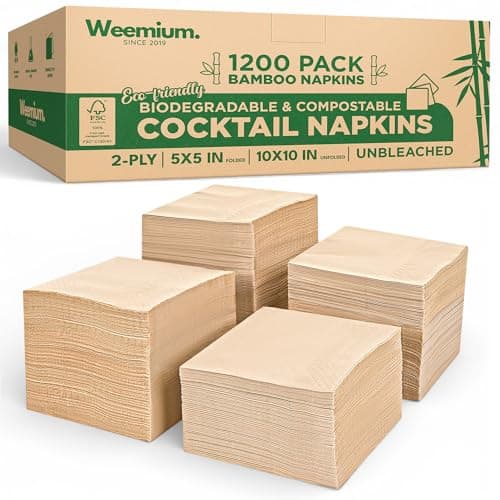 Weemium Cocktail Napkins Bulk, 2-Ply, 5 x 5 Inch Folded [12 Packs of 100, Total 1200 Count] Soft, Biodegradable & Compostable Bamboo Cocktail Napkins Paper for Beverage, Bar Parties & Everyday Use - Image 1