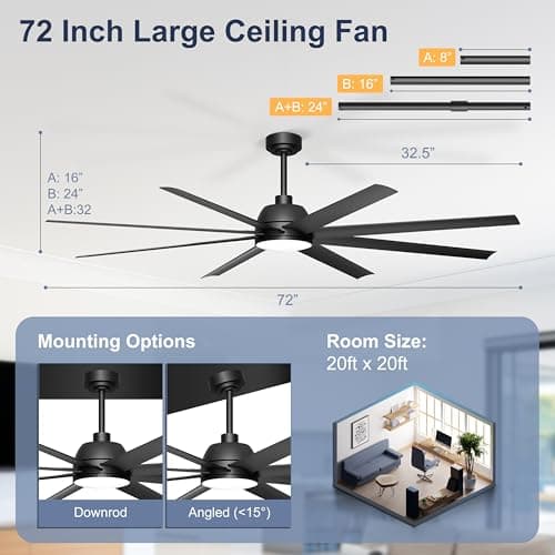 Phylluz 72'' Ceiling Fan with Light - Remote & APP Control, 3 CTT Dimmable, 6 Speed Reversible DC Motor Fan for Shop, Garage, Covered Outdoor, Black - Thumbnail 2