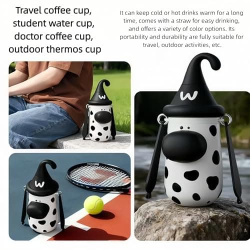 Insulated Water Bottle, 100% Leak-proof Travel Mug | w/baldric & Straw|Silicone Sleeve for Durability | 316 stainless steel cup body | 3-In-1 Lid | Reusable Coffee Travel Mug. (Spotted) - Thumbnail 3