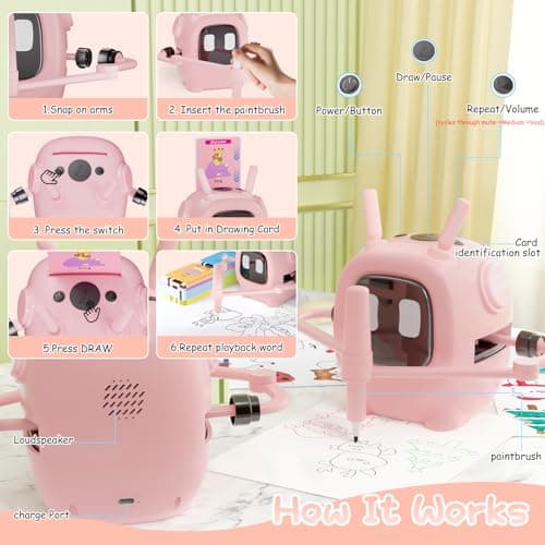 Drawing Robot for Kids with 192 Cards, Smart Robot Drawing Machine Toys for 3+ Year Old Boys and Girls, Interactive Painting Learning and Educational Toy Perfect for Birthday Chirstmas Party, Pink - Thumbnail 4