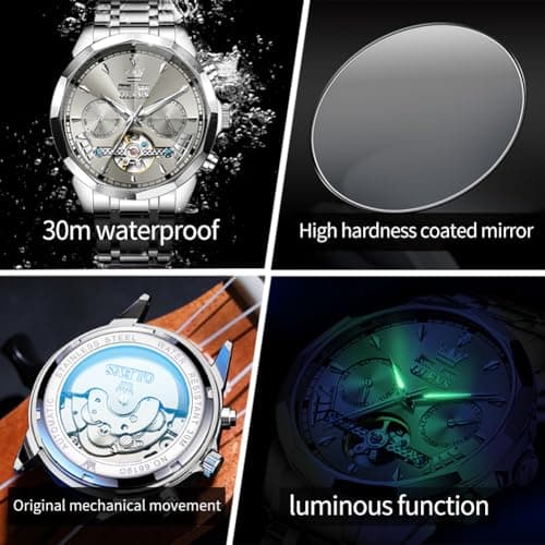 OLEVS Watches for Men Luxury Automatic Self Winding Mechanica Silver Stainless Steel Dress Wrist Mens Watches Grey Face Tourbillon Waterproof Luminous Analog Watch - Thumbnail 5