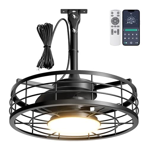 Phylluz Outdoor Ceiling Fan with Lights - 16'' Wet Rated Gazebo Fan Remote/APP Control, Caged Hanging Fan Plug and Play for Covered Patio Porch, Black