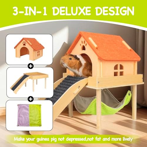 BESNEW 3 in 1 Enlarged Guinea Pig Hammock,Wooden Guinea Pig Hideout with House & Platform & Stairs Small Animal Toys for Hiding Sleeping Activities - Thumbnail 2