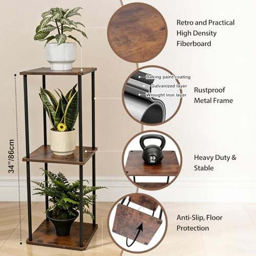 Vigordream Plant Stand Indoor Outdoor 3 Tier Metal Plant Shelf Tall Pedestal Stand Flower Pot Stands Multiple Planter Support Rack for Corner Living Room, Balcony, Garden Patio (Retro Brown, 34 INCH) - Thumbnail 2